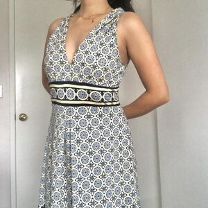 Max Studio Blue Yellow Summer A-Line Gemetric Print Sleeveless Midi Dress -Small